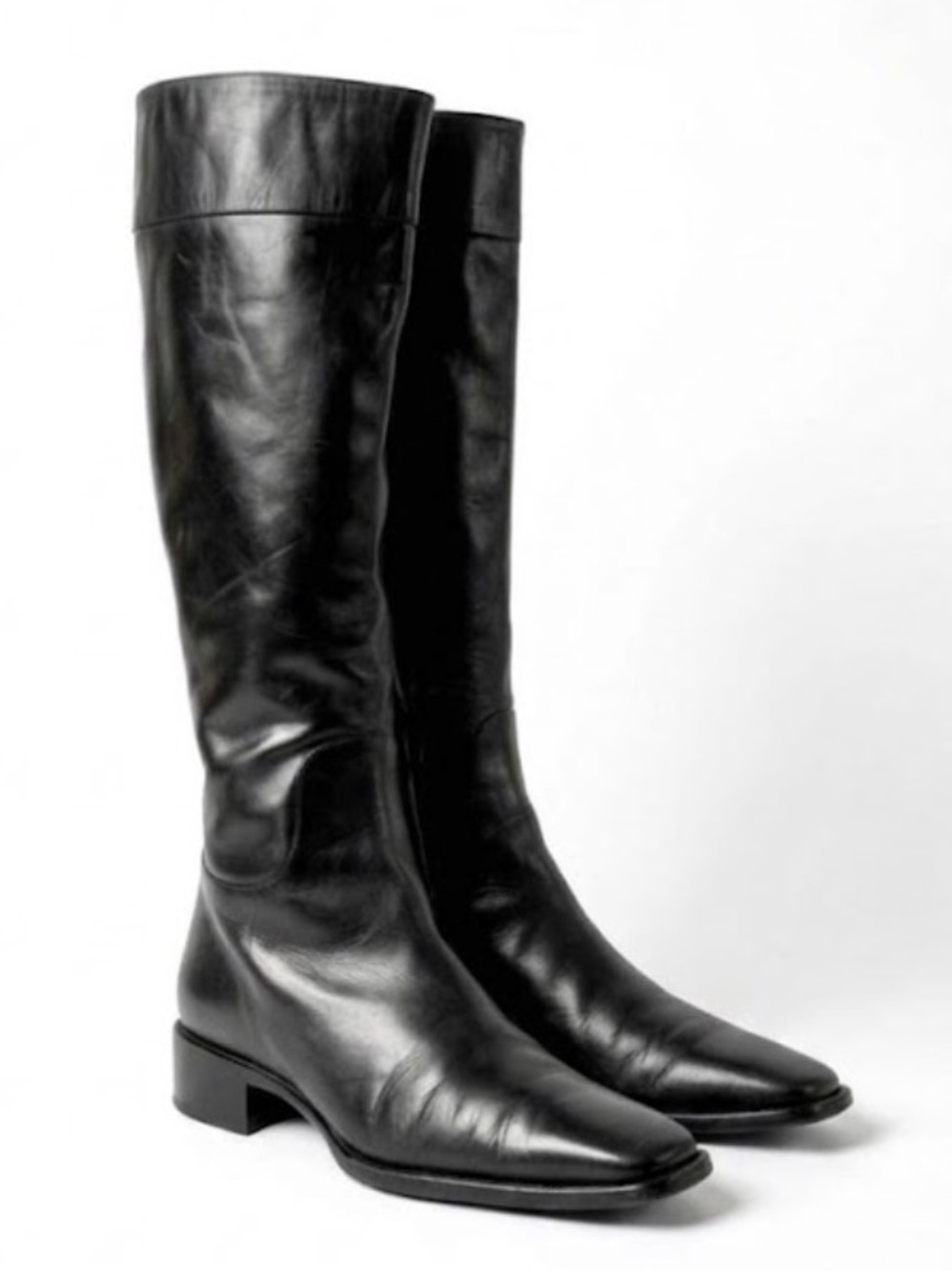 Ralph Lauren Italy Black Leather Knee High Riding Boots Square Toe Women 9.5